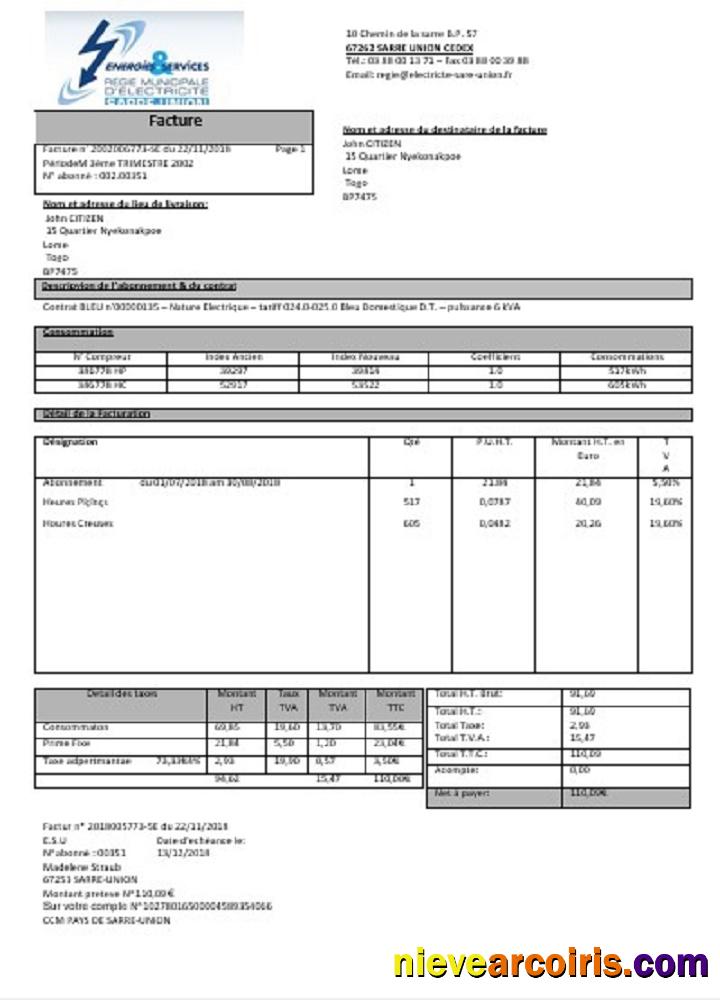 France Energies & Services Régie Municipal d’ Electricité Sarre-Union electricity utility bill